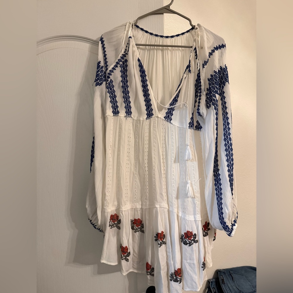 Free People White and Blue Embroidered Boho Tunic
